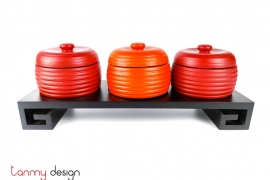 Set of 3 round orange red candy boxes included stand